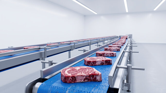 Automated production line showcasing row of raw fresh ribeye beef steaks moving on blue conveyor belt inside sterile manufacturing facility with bright clean atmosphere.