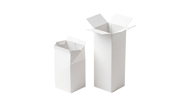 White cardboard boxes for product packaging, open paper cartons in different sizes, blank retail shipping containers isolated PNG with Transparent Background