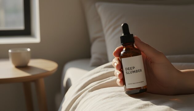 Close-up of a human hand holding a sleep remedy bottle with dropper against soft bedding in a cozy illuminated bedroom for nighttime relaxation and health concept