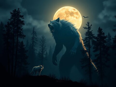 Full moon illuminates the forest as a lone wolf transforms into a towering werewolf creature, creature, ||forest