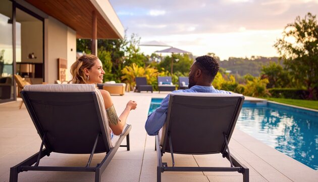 Young Couple Relaxing Together in a Hotel Pool, Smiling and Enjoying a Leisure Vacation by the Water