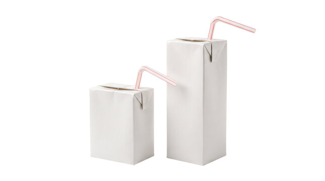 Blank white juice boxes with pink straws, minimalist beverage carton mockup, small and large paper drink packaging isolated PNG with Transparent Background