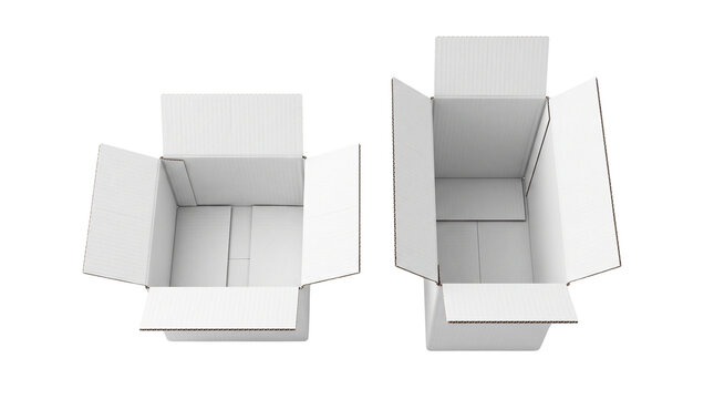 White cardboard boxes with open flaps, empty paper shipping containers for delivery, minimalist packaging mockup set isolated PNG with Transparent Background