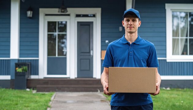 Smiling Delivery Worker Carrying Cardboard Boxes in Warehouse for Home or Office Moving and Package Delivery Service