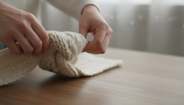 Close-up of woman's hands carefully tying a soft white knitted wool scarf on a wooden surface, creating a cozy winter fashion and handmade craft concept
