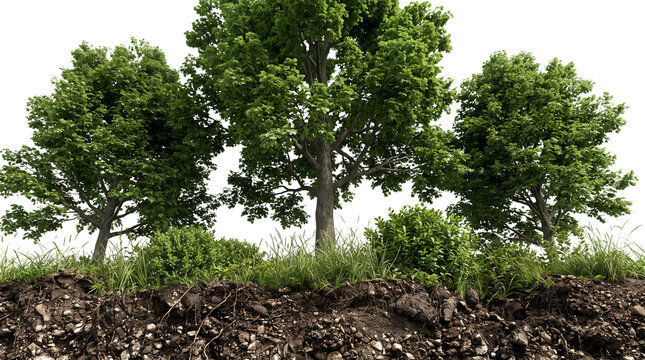 Lush green deciduous trees on fertile soil ground, summer landscape with grass and bushes, natural forest vegetation for landscaping isolated PNG with Transparent Background