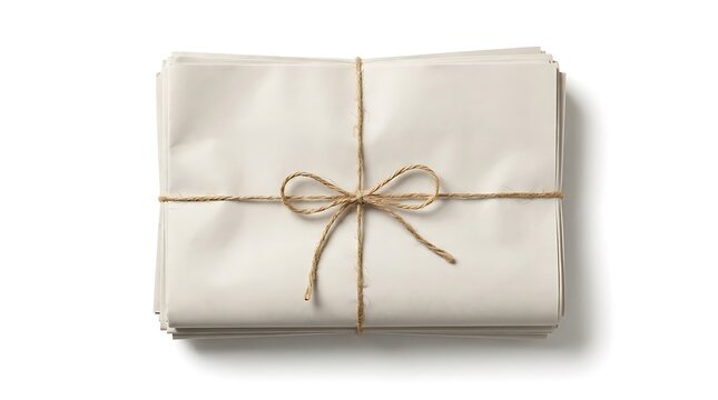 Small stack of white sheets tied with decorative jute twine bow, a pile of white paper sheets