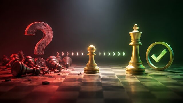 Chess strategy and success concept with golden pawn moving away from fallen pieces and red question mark toward golden king and green checkmark