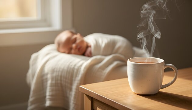 Hot tea steaming on a wooden table near a sleeping baby resting peacefully in a bright cozy nursery room for motherhood and calm lifestyle concept with soft warm light