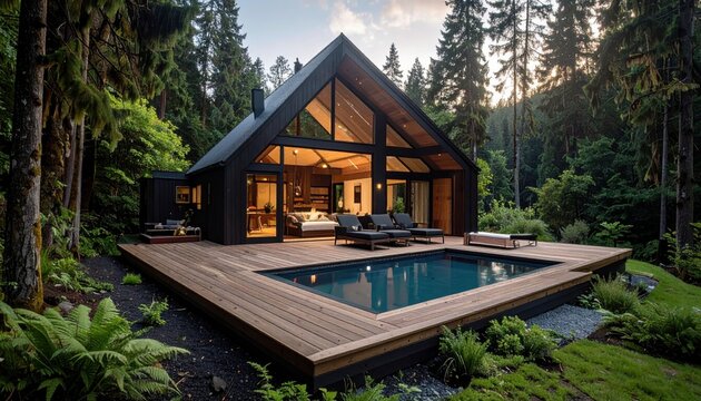 Old Wooden House in the Forest Surrounded by Trees and Green Grass, Rustic Traditional Cottage in a Peaceful Rural Landscape on a Sunny Summer Day