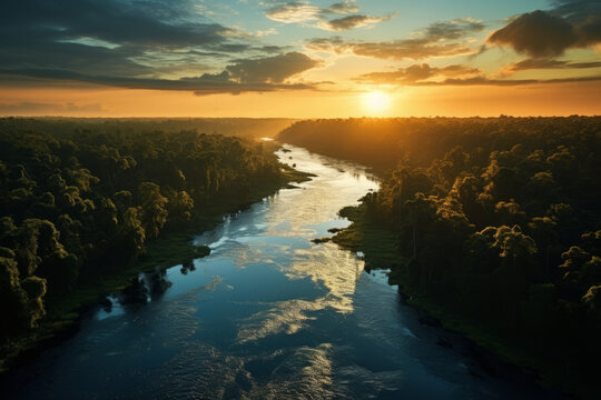 Awesome Beautiful green amazon forest landscape at sunset sunrise