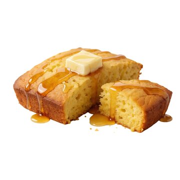 Warm cornbread slice with melting butter and dripping honey or maple syrup on a white background
