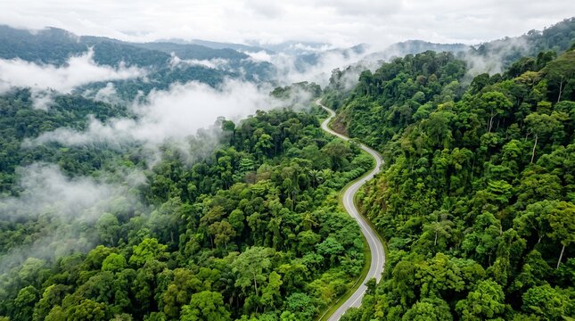 Aerial view of a winding road snake through a dense, lush tropical rainforest surrounded by rolling mountains partially covered in thick morning mist and clouds in a remote natural landscape