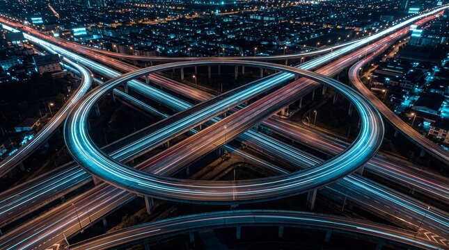 Stunning long exposure aerial view of a complex highway interchange with illuminated light trails from moving vehicles at night, showcasing urban infrastructure and city transportation networks.