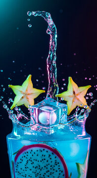 Refreshing blue cocktail with dragon fruit and star fruit splash.