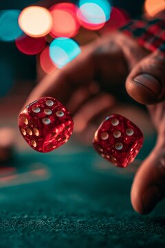 Hand throwing red casino dice on green table