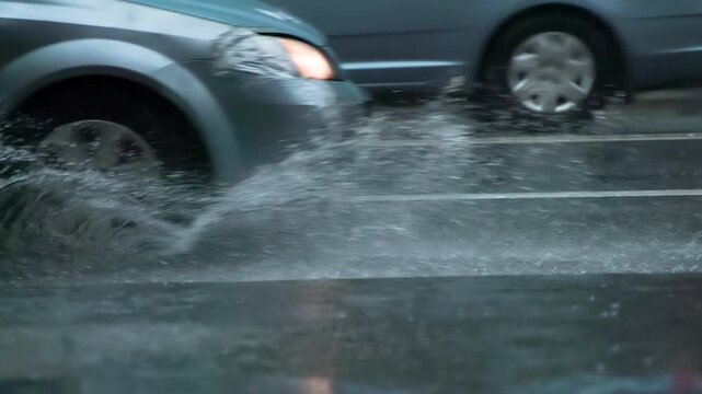 Water from Under the Wheels. The car moves past the camera and rides through the puddle. From under the wheel rises a beautiful stream of water