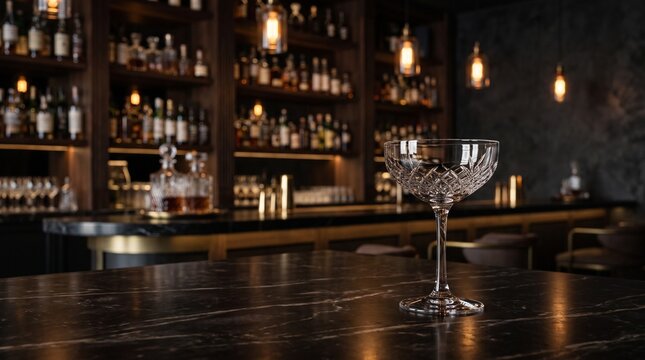 Crystal coupe glass on a black marble bar. Background shows a dimly lit upscale lounge with amber bottle lighting. Ideal for luxury lifestyle articles or restaurant drink menus.