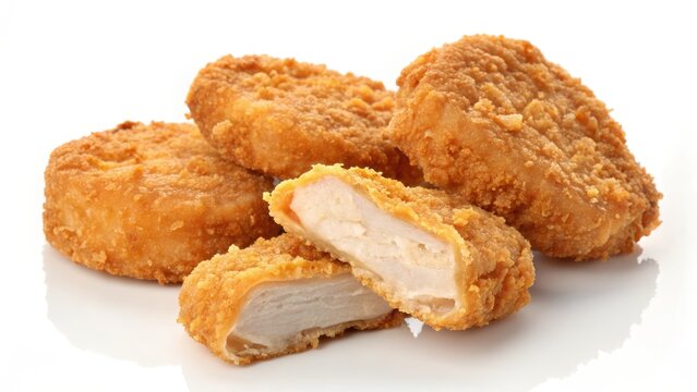 Golden crispy snack chicken nugget pieces with tender white meat inside served as tasty snack option for quick meals or gatherings