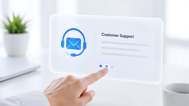 Customer support email concept, person confirming a digital customer service request, representing online assistance, communication, help desk, customer care, and business support.