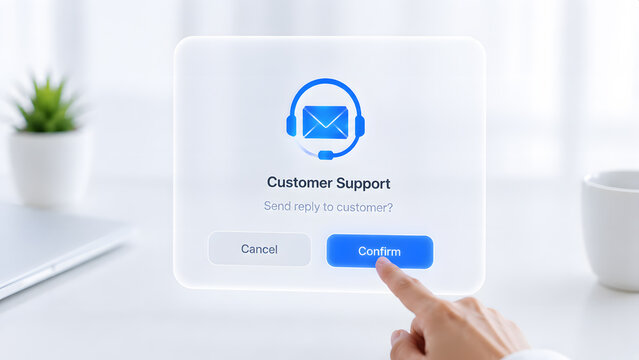 Customer support email concept, businessman confirming a digital service request with an online interface, representing customer care, communication, help desk, and business assistance.