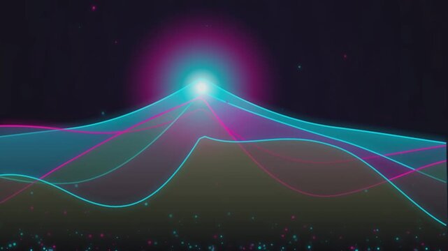 Neon wave energy pulse moving through dark atmosphere in this glowing abstract digital motion animation footage