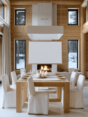 Fototapeta premium Modern dining room with wooden table, white chairs, blank frame, fireplace, large windows, and cozy winter atmosphere