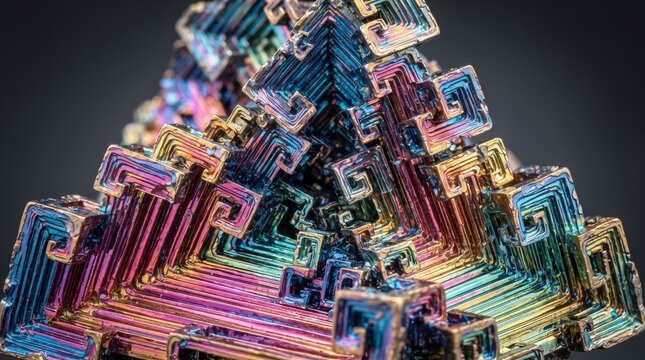 Macro texture of iridescent bismuth crystal with geometric stair step structures
