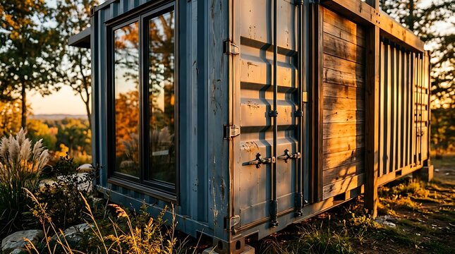 Modern shipping container tiny house in a forest at sunset