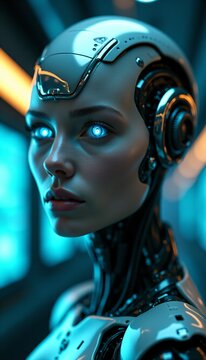 Futuristic female android robot closeup portrait glowing blue eyes