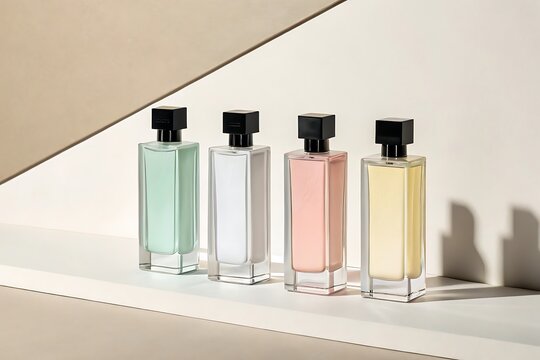 Four glass perfume bottles with pastel colored liquids lined up on shelf perfume bottle pastel liquid fragrance colle