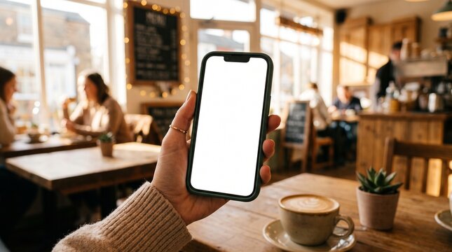 Close-up of a person holding a modern smartphone with a blank white screen in a cozy, blurred cafe setting with wooden tables, soft lighting, and coffee cups on a sunny day.