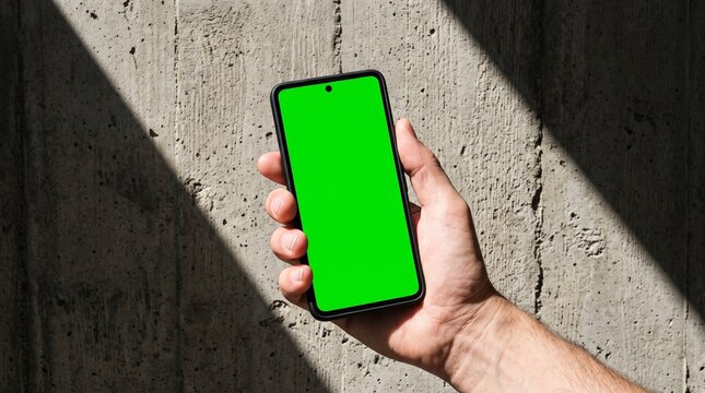 A close-up shot of a person holding a modern smartphone with a solid green screen, held against a rough concrete wall with dramatic diagonal shadows, perfect for chroma key editing.