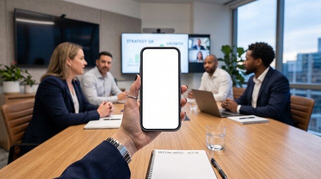 A close-up view of a hand holding a smartphone with a blank white screen in the foreground, with a diverse team of professionals collaborating in a modern office boardroom meeting in the background.