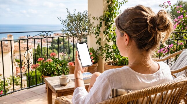 A woman with her hair in a bun relaxes on a sunlit balcony terrace, holding a smartphone with a blank screen, overlooking a scenic coastal view with Mediterranean charm, greenery, and blue sea.