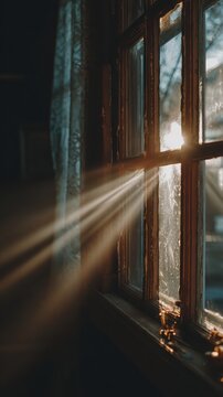 Antique window frame, cinematic light rays