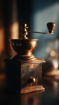 Retro coffee grinder, cinematic close-up, soft shadows, 85mm lens, f/1.8 