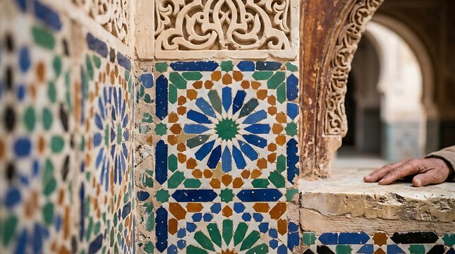 Traditional moroccan geometric mosaic tiles and carved stone archway