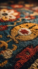 Fototapeta premium Vintage carpet detail, cinematic texture shot, 100mm lens