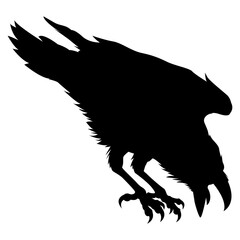 Obraz premium Black raven silhouette flying bird graphic. Isolated dark animal wildlife symbol for Halloween, gothic design, and tattoo art projects