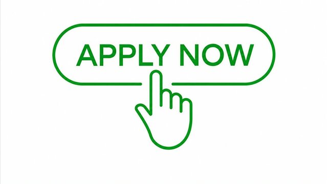 Green apply now button with finger pointing click icon