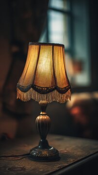 Vintage table lamp with fabric shade, moody cinematic lighting, 85mm lens, f/1.4, shallow depth of field