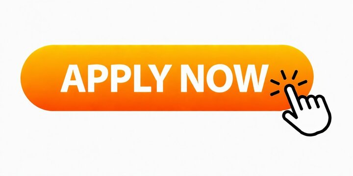 Bright orange apply now button with click effect and finger pointing
