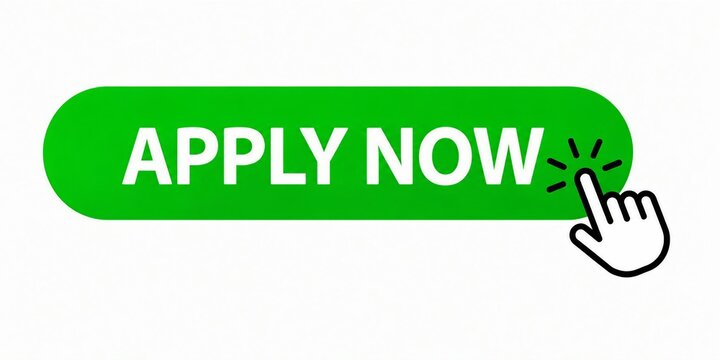 Green apply now button with click effect and finger pointing