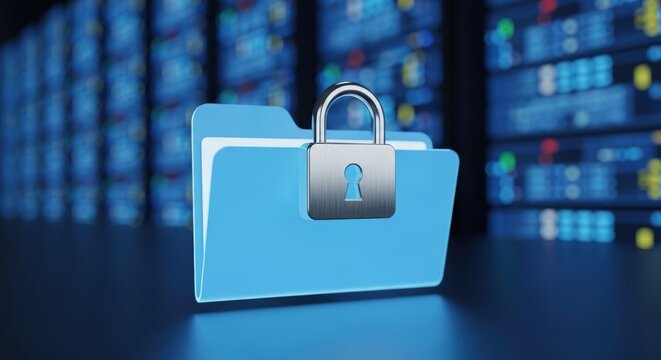A bright blue folder secured with a heavy silver padlock sits prominently within a professional server room environment to represent the vital importance of maintaining high level digital