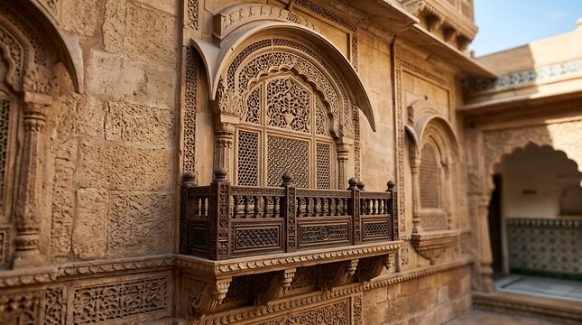 Ornate historical stone balcony with traditional jali lattice work