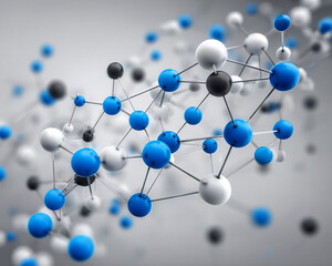 Obraz premium Digital neural network algorithmic system high tech abstract molecular structure with blue, white and black spheres connected by thin lines on grey background