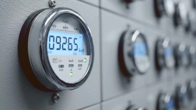 Digital electricity meters on grey electrical panel with numbers ticking upward indicating increasing energy consumption in residential or commercial settings.