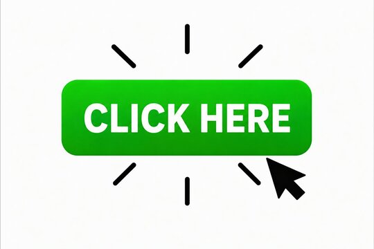 Bright green click here button with animated cursor and light rays