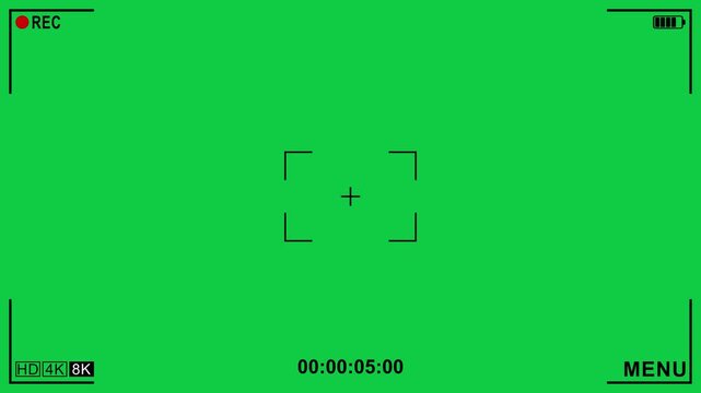Camera viewfinder recording display and green screen background footage. Screen of video recorder digital display with photo camera frame overlay. Live cam cctv mobile phone cam Chroma key interface.